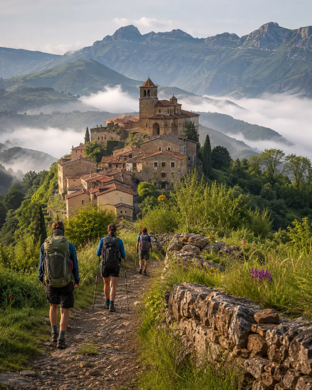Grupo de viajeros contemplando un paisaje internacional al atardecer